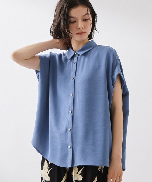 THE SHOP TK / ザ ショップ ティーケー シャツ・ブラウス | ポーラ衿付きフレンチ袖シャツ（ブルー(092)）