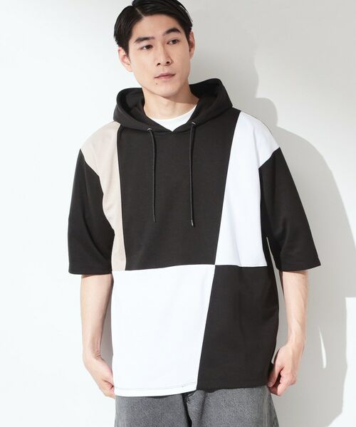 THE SHOP TK / ザ ショップ ティーケー パーカー | ブロッキング半袖パーカ 【洗濯機OK】（ブラック(519)）