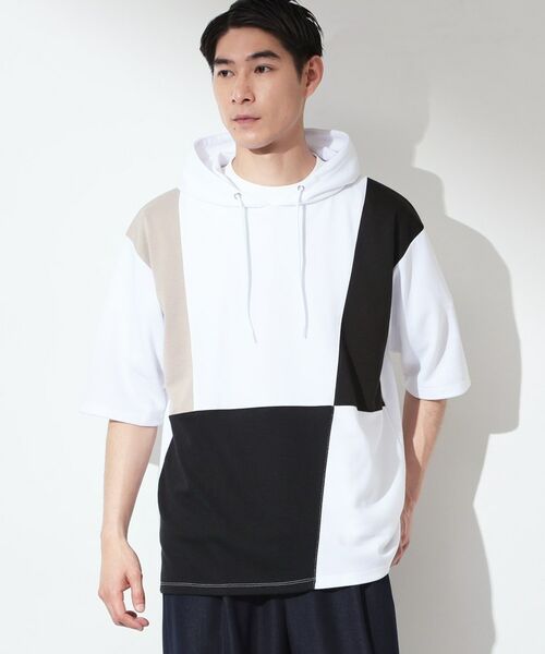 THE SHOP TK / ザ ショップ ティーケー パーカー | ブロッキング半袖パーカ 【洗濯機OK】（オフホワイト(503)）