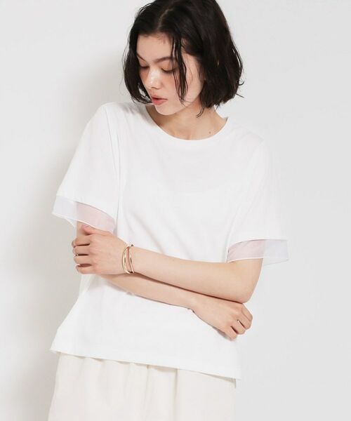 THE SHOP TK / ザ ショップ ティーケー Tシャツ | 【M-XL/ひんやり/吸水速乾/UV】上品な透け感 袖口シアーTシャツ(オフホワイト(003))