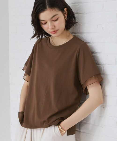 THE SHOP TK / ザ ショップ ティーケー Tシャツ | 【M-XL/ひんやり】上品な透け感 袖口シアーTシャツ(ブラウン(043))