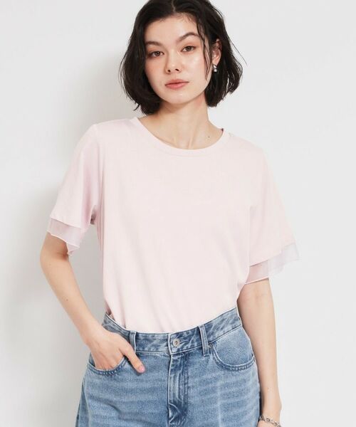 THE SHOP TK / ザ ショップ ティーケー Tシャツ | 【M-XL/ひんやり/吸水速乾/UV】上品な透け感 袖口シアーTシャツ(ライトピンク(070))