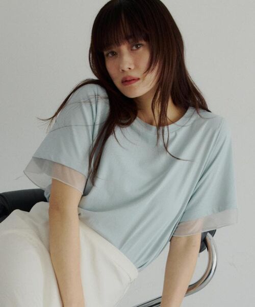 THE SHOP TK / ザ ショップ ティーケー Tシャツ | 【M-XL/ひんやり/吸水速乾/UV】上品な透け感 袖口シアーTシャツ(サックスブルー(090))
