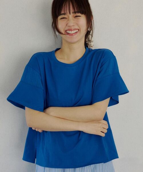 THE SHOP TK / ザ ショップ ティーケー Tシャツ | 【ひんやり／吸水速乾／UV】軽やかに揺れる シアーフレアスリーブTシャツ（ブルー(093)）