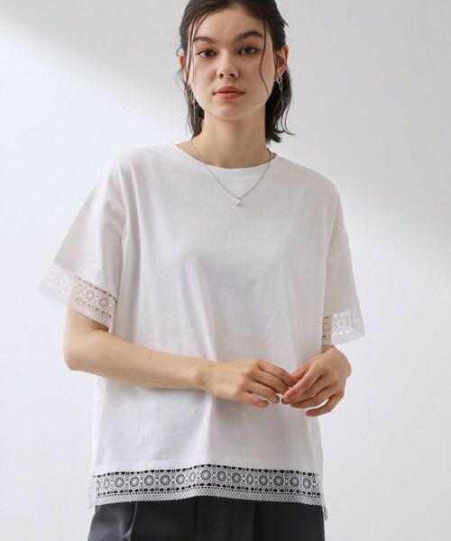 THE SHOP TK / ザ ショップ ティーケー Tシャツ | モチーフレース切替Tシャツ(オフホワイト(003))