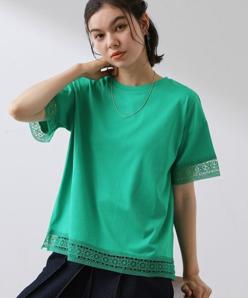 THE SHOP TK / ザ ショップ ティーケー Tシャツ | モチーフレース切替Tシャツ(グリーン(022))