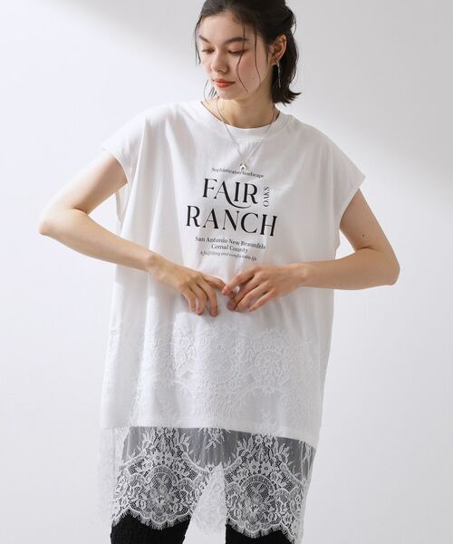 THE SHOP TK / ザ ショップ ティーケー Tシャツ | レース切替ロゴロングTシャツ（オフホワイト(003)）