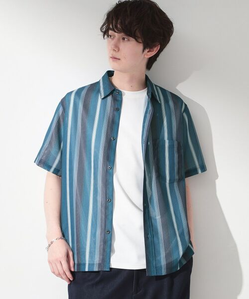 THE SHOP TK / ザ ショップ ティーケー シャツ・ブラウス | メッシュ ストライプ半袖シャツ 洗濯機OK／通気性◎（ブルー(393)）