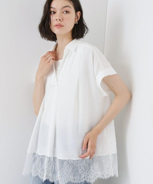 THE SHOP TK / ザ ショップ ティーケー シャツ・ブラウス | 【ひんやり/体型カバー】裾レース切り替え スキッパーシャツ(オフホワイト(003))
