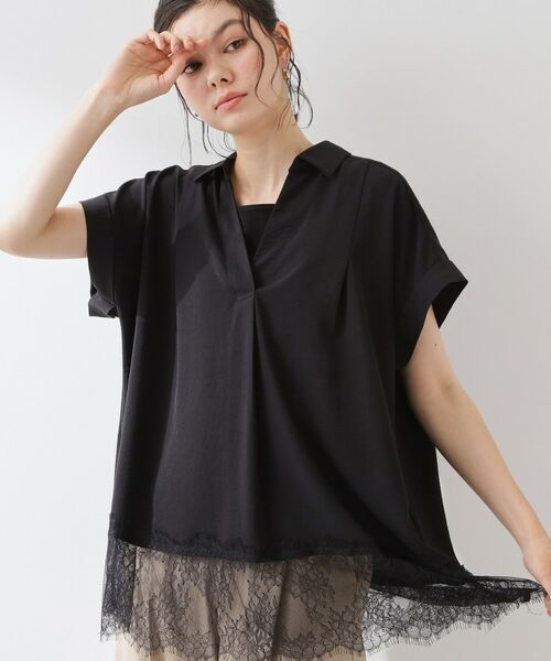 THE SHOP TK / ザ ショップ ティーケー シャツ・ブラウス | 【ひんやり/体型カバー】裾レース切り替え スキッパーシャツ(ブラック(019))