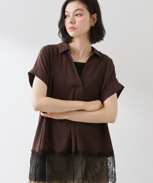 THE SHOP TK / ザ ショップ ティーケー シャツ・ブラウス | 【ひんやり/体型カバー】裾レース切り替え スキッパーシャツ(ブラウン(043))