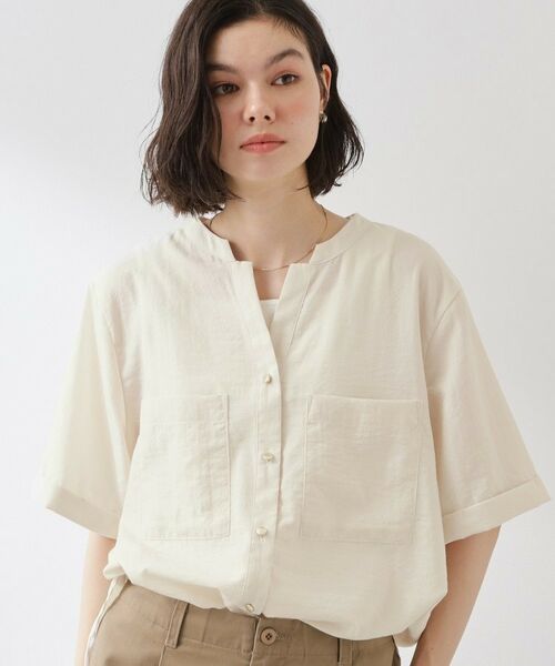 THE SHOP TK / ザ ショップ ティーケー シャツ・ブラウス | 【M-XL/さりげなく体型カバー】5分袖Wポケットシャツ(アイボリー(004))