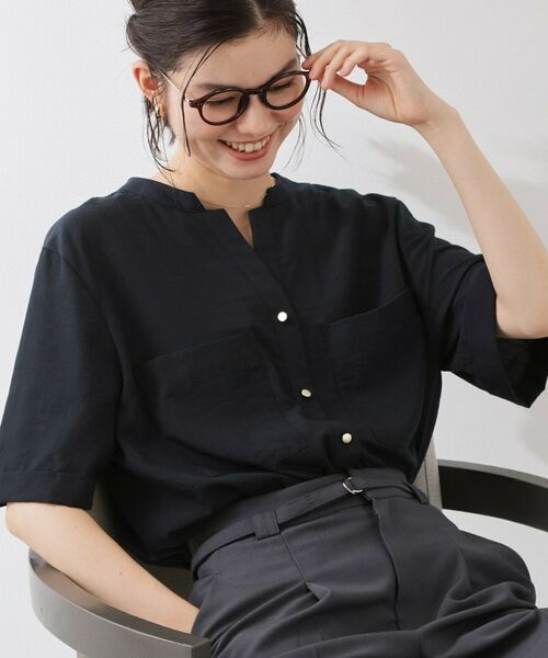 THE SHOP TK / ザ ショップ ティーケー シャツ・ブラウス | 【M-XL/さりげなく体型カバー】5分袖Wポケットシャツ(ネイビー(094))