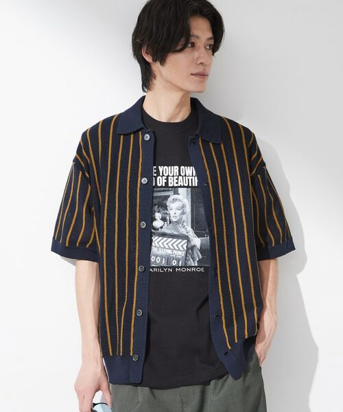 THE SHOP TK / ザ ショップ ティーケー ニット・セーター | 【マシンウォッシャブル】ニットストライプ半袖シャツ（ネイビー(394)）
