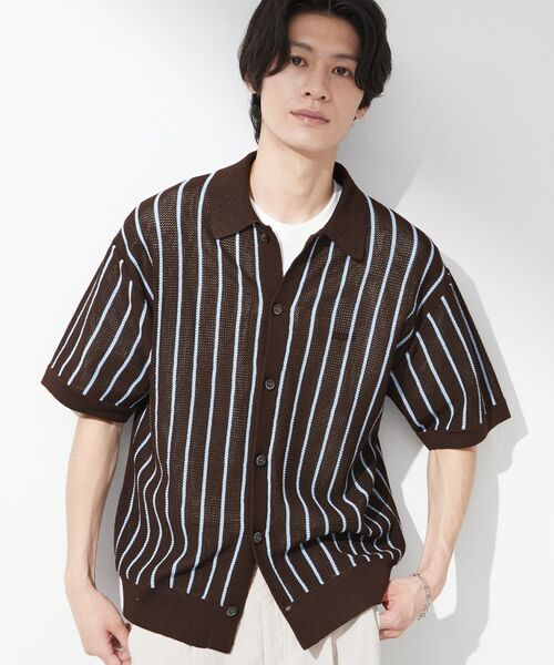 THE SHOP TK / ザ ショップ ティーケー ニット・セーター | 【マシンウォッシャブル】ニットストライプ半袖シャツ（ブラウン(343)）