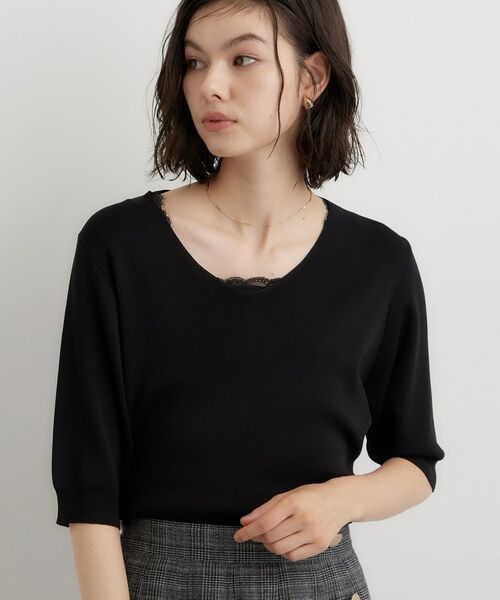 THE SHOP TK / ザ ショップ ティーケー ニット・セーター | 【ひんやり】すっきりVネック 6分袖ニット(ブラック(019))
