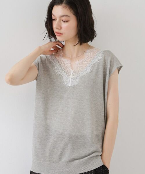 THE SHOP TK / ザ ショップ ティーケー ニット・セーター | ほんのりきらめく レース切り替え スパークシアーニット(ライトグレー(011))