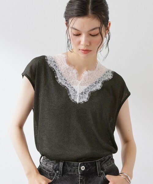 THE SHOP TK / ザ ショップ ティーケー ニット・セーター | ほんのりきらめく レース切り替え スパークシアーニット(ブラック(019))