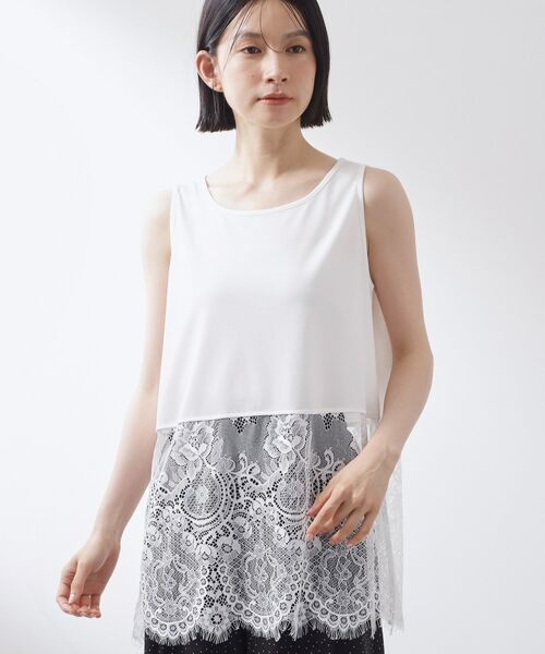 THE SHOP TK / ザ ショップ ティーケー カットソー | 【ひんやり/人気アイテム】レイヤードスタイルに 裾レースタンクトップ(オフホワイト(003))