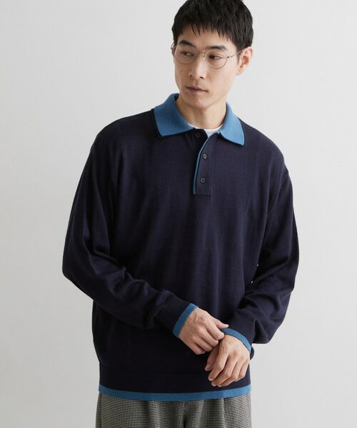 THE SHOP TK / ザ ショップ ティーケー ニット・セーター | 【手洗い可】2枚襟ニット長袖ポロシャツ（ネイビー(094)）