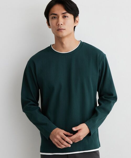 THE SHOP TK / ザ ショップ ティーケー カットソー | 【洗濯機OK】ワッフル レイヤード 長袖Tシャツ(グリーン(024))
