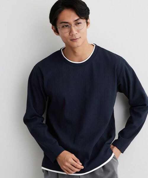 THE SHOP TK / ザ ショップ ティーケー カットソー | 【洗濯機OK】ワッフル レイヤード 長袖Tシャツ(ネイビー(094))