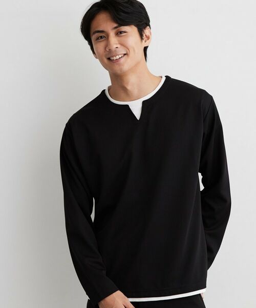 THE SHOP TK / ザ ショップ ティーケー カットソー | 【洗濯機OK】カノコキーネック レイヤード長袖Tシャツ（ブラック(019)）