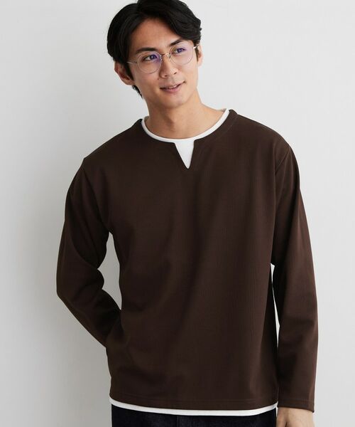 THE SHOP TK / ザ ショップ ティーケー カットソー | 【洗濯機OK】カノコキーネック レイヤード長袖Tシャツ（ブラウン(043)）