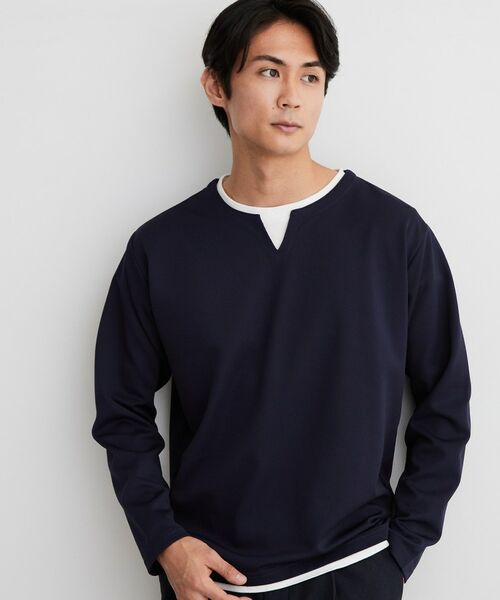 THE SHOP TK / ザ ショップ ティーケー カットソー | 【洗濯機OK】カノコキーネック レイヤード長袖Tシャツ（ネイビー(094)）