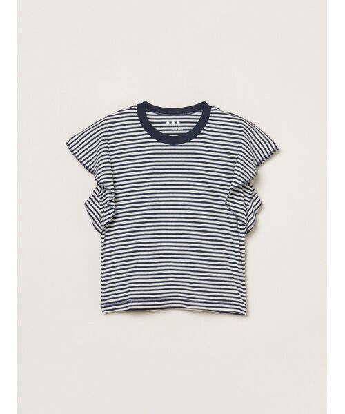 three dots / スリードッツ タンクトップ | 80 stretch cotton ruffle tank（navy stripe）