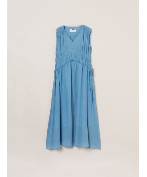 three dots / スリードッツ ドレス | Air denim gather dress（washed blue）