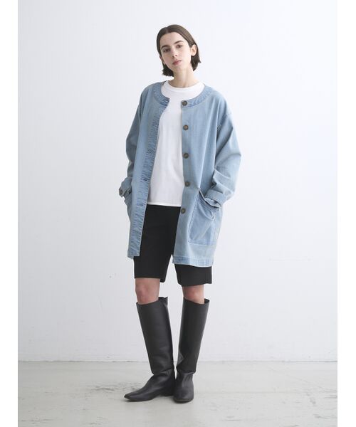three dots / スリードッツ テーラードジャケット | Denim collarless long jacket | 詳細9