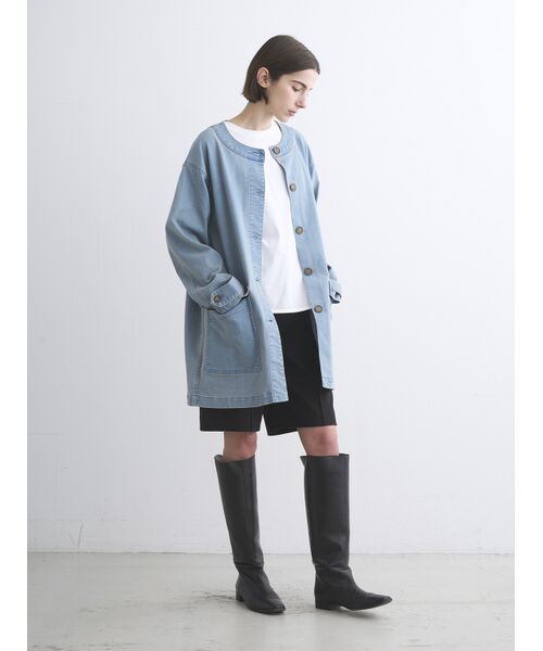 three dots / スリードッツ テーラードジャケット | Denim collarless long jacket | 詳細10