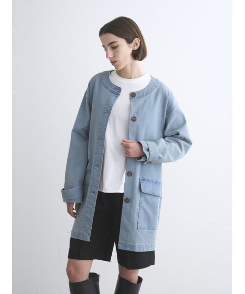 three dots / スリードッツ テーラードジャケット | Denim collarless long jacket | 詳細6