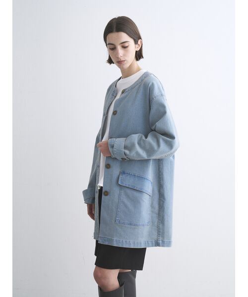 three dots / スリードッツ テーラードジャケット | Denim collarless long jacket | 詳細8