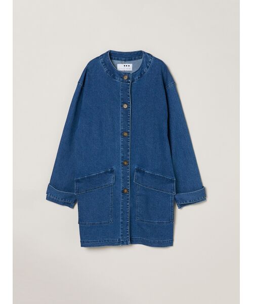 three dots / スリードッツ テーラードジャケット | Denim collarless long jacket（blue）