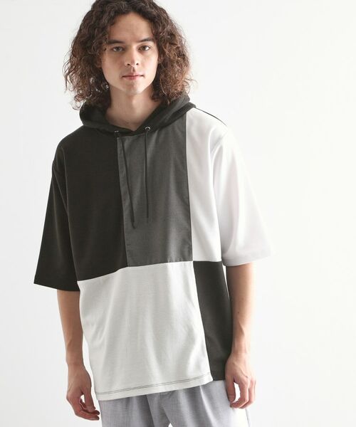 tk.TAKEO KIKUCHI / ティーケー タケオキクチ パーカー | 5分袖キリカエポンチフーディ(ブラック(519))