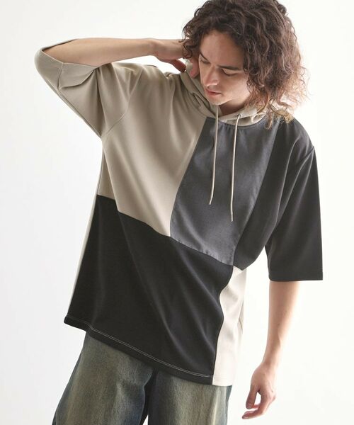 tk.TAKEO KIKUCHI / ティーケー タケオキクチ パーカー | 5分袖キリカエポンチフーディ(グレージュ(550))