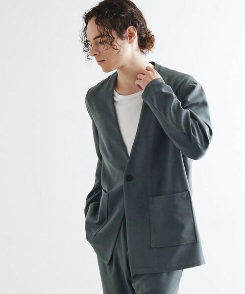 tk.TAKEO KIKUCHI / ティーケー タケオキクチ ノーカラージャケット | 【セットアップ対応】ポリツイルノーカラージャケット(ブルーグリーン(097))