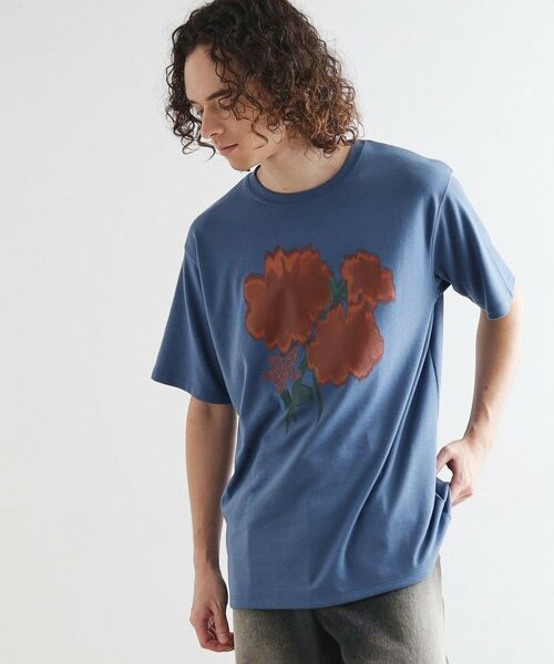 tk.TAKEO KIKUCHI / ティーケー タケオキクチ Tシャツ | ボカシフラワーTシャツ(ブルーグリーン(097))