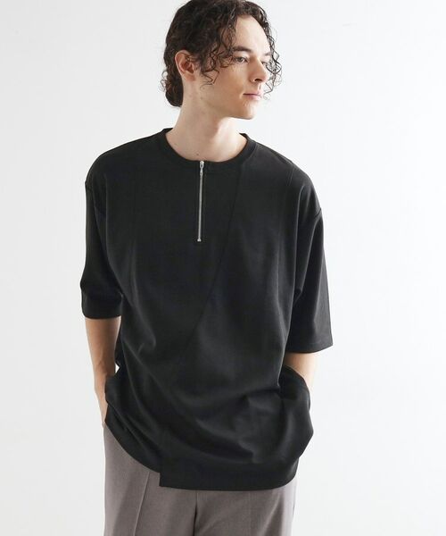 tk.TAKEO KIKUCHI / ティーケー タケオキクチ カットソー | ウェーブ切替ジップTシャツ(ブラック(019))