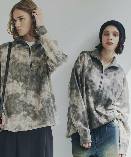 tk.TAKEO KIKUCHI / ティーケー タケオキクチ カットソー | ヴィンテージライクプリント ハーフジッププルオーバー(オフホワイト(003))