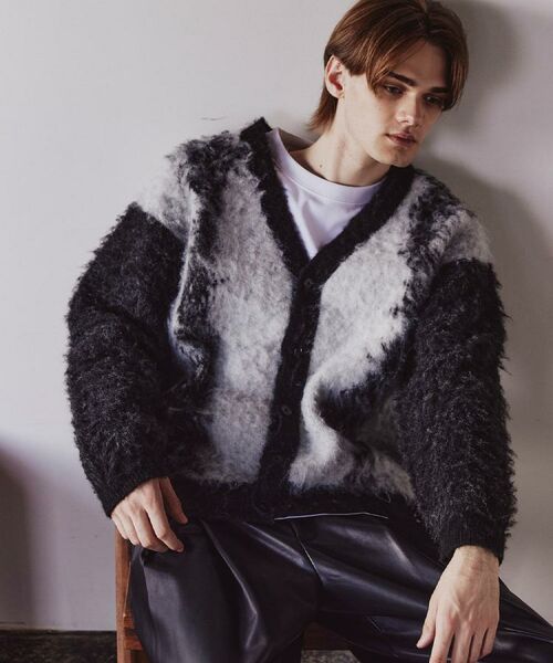 tk.TAKEO KIKUCHI / ティーケー タケオキクチ カーディガン・ボレロ | ボールドストライプシャギーニットVカーディガン(ブラック(019))