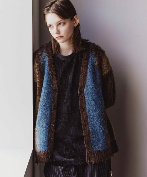 tk.TAKEO KIKUCHI / ティーケー タケオキクチ カーディガン・ボレロ | ボールドストライプシャギーニットVカーディガン(ブラウン(044))