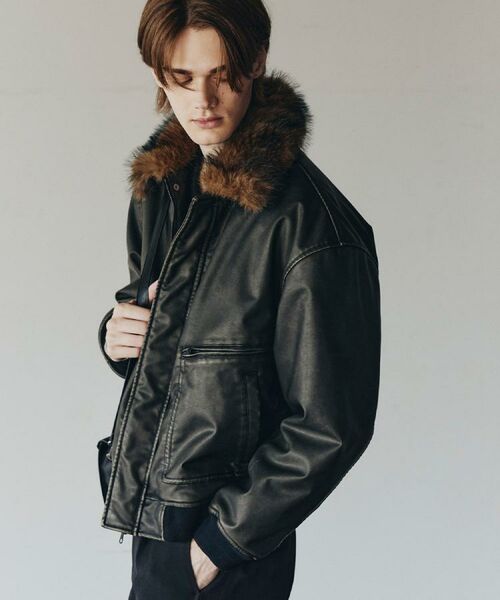 tk.TAKEO KIKUCHI / ティーケー タケオキクチ レザーブルゾン・ジャケット | ヴィンテージライク衿フェイクファーブルゾン(ブラック(119))