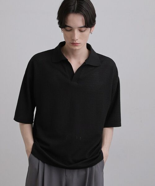 tk.TAKEO KIKUCHI / ティーケー タケオキクチ カットソー | スキッパーポロシャツ（ブラック(019)）