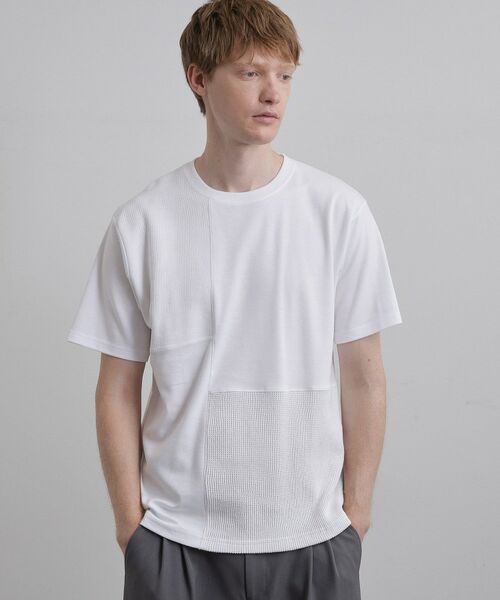 tk.TAKEO KIKUCHI / ティーケー タケオキクチ Tシャツ | ブロックニット切替カットソー（ホワイト(001)）