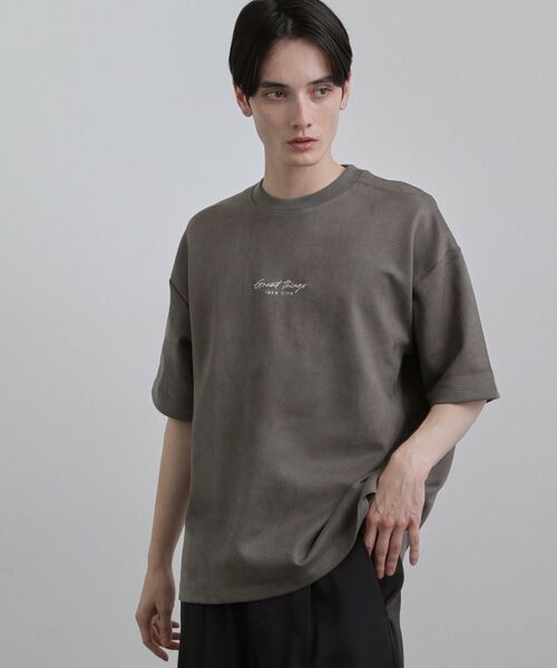 tk.TAKEO KIKUCHI / ティーケー タケオキクチ Tシャツ | ポンチスエードタッチTシャツ(チャコールグレー(014))