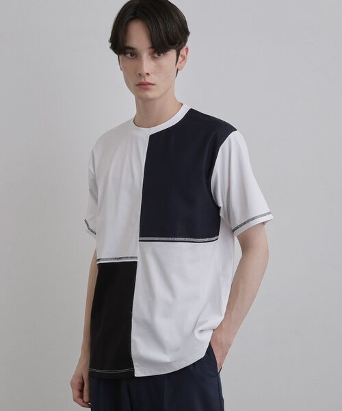 tk.TAKEO KIKUCHI / ティーケー タケオキクチ Tシャツ | 異素材ブロック切替Tシャツ（ホワイト(501)）