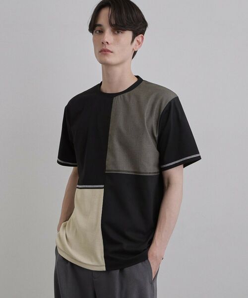 tk.TAKEO KIKUCHI / ティーケー タケオキクチ Tシャツ | 異素材ブロック切替Tシャツ（ブラック(519)）